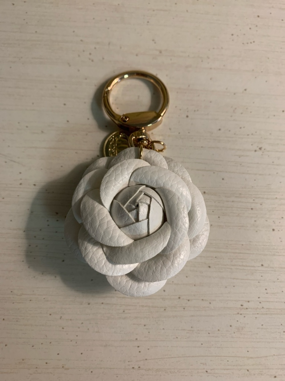 White Camilla Flower Keychain with Gold Hardware - Handmade